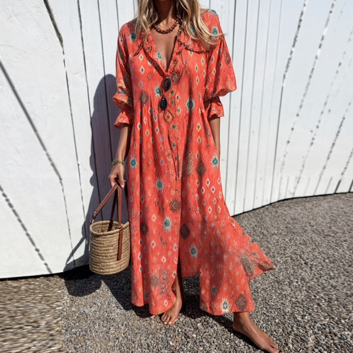 Lynza™️ |Odè Blommig klänning med knappar och maxi längd