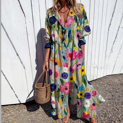 Lynza™️ |Odè Blommig klänning med knappar och maxi längd